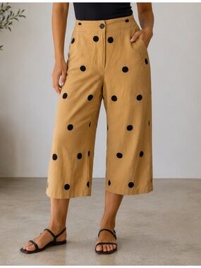 Seek Collective Handcrafted Polka Dot Wide Leg Pant NWT Artisan Tan Black Size M